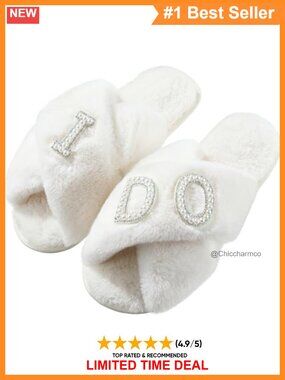 Bride Plush Open Toe I Do Pearl Rhinestone Wedding Slippers